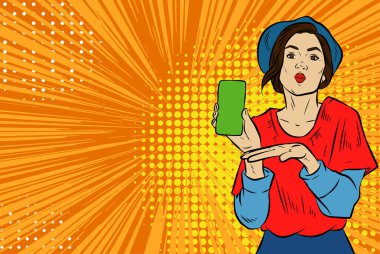 Akıllı telefon görüntüsü gösteren bir kadın tasviri. Eski çizgi roman tarzında akıllı telefon aletleri taşıyan bir kadın pozu. Kadın pazarlamacının posterini as.