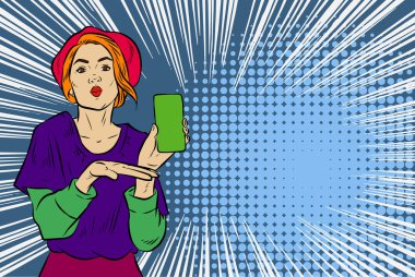 Akıllı telefon görüntüsü gösteren bir kadın tasviri. Eski çizgi roman tarzında akıllı telefon aletleri taşıyan bir kadın pozu. Kadın pazarlamacının posterini as.