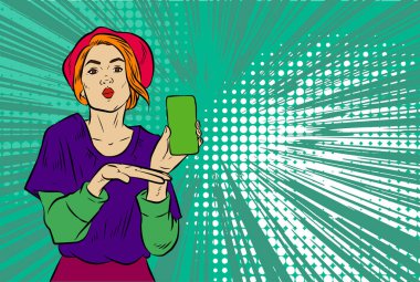 Akıllı telefon görüntüsü gösteren bir kadın tasviri. Eski çizgi roman tarzında akıllı telefon aletleri taşıyan bir kadın pozu. Kadın pazarlamacının posterini as.
