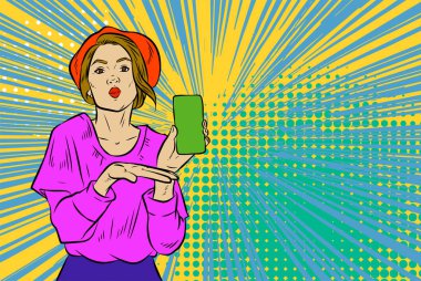 Akıllı telefon görüntüsü gösteren bir kadın tasviri. Eski çizgi roman tarzında akıllı telefon aletleri taşıyan bir kadın pozu. Kadın pazarlamacının posterini as.