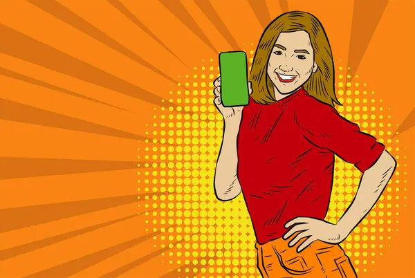 Akıllı telefon görüntüsü gösteren bir kadın tasviri. Eski çizgi roman tarzında akıllı telefon aletleri taşıyan bir kadın pozu. Kadın pazarlamacının posterini as.