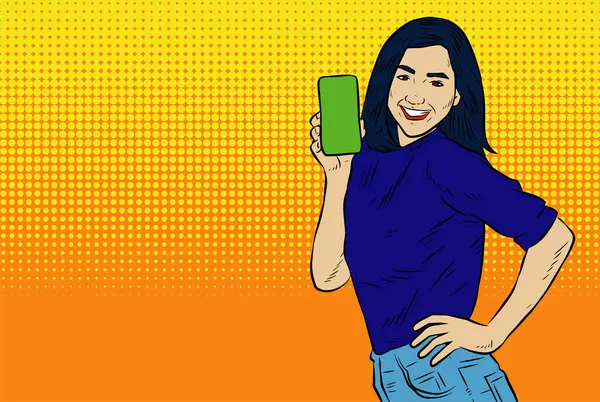 Akıllı telefon görüntüsü gösteren bir kadın tasviri. Eski çizgi roman tarzında akıllı telefon aletleri taşıyan bir kadın pozu. Kadın pazarlamacının posterini as.