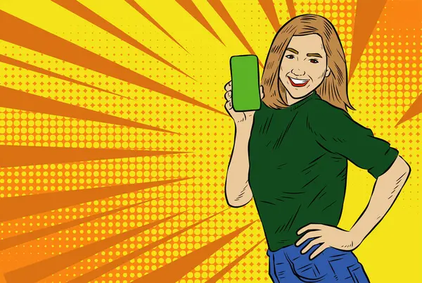 Akıllı telefon görüntüsü gösteren bir kadın tasviri. Eski çizgi roman tarzında akıllı telefon aletleri taşıyan bir kadın pozu. Kadın pazarlamacının posterini as.