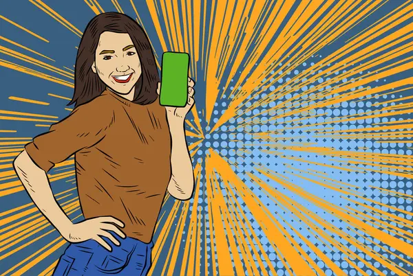 Akıllı telefon görüntüsü gösteren bir kadın tasviri. Eski çizgi roman tarzında akıllı telefon aletleri taşıyan bir kadın pozu. Kadın pazarlamacının posterini as.