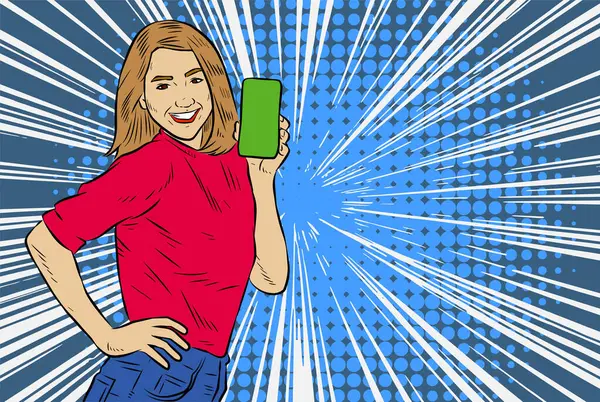 Akıllı telefon görüntüsü gösteren bir kadın tasviri. Eski çizgi roman tarzında akıllı telefon aletleri taşıyan bir kadın pozu. Kadın pazarlamacının posterini as.