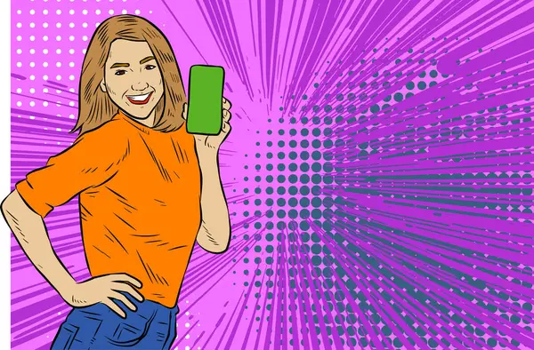 Akıllı telefon görüntüsü gösteren bir kadın tasviri. Eski çizgi roman tarzında akıllı telefon aletleri taşıyan bir kadın pozu. Kadın pazarlamacının posterini as.