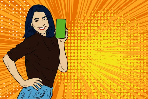 Akıllı telefon görüntüsü gösteren bir kadın tasviri. Eski çizgi roman tarzında akıllı telefon aletleri taşıyan bir kadın pozu. Kadın pazarlamacının posterini as.