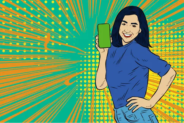 Akıllı telefon görüntüsü gösteren bir kadın tasviri. Eski çizgi roman tarzında akıllı telefon aletleri taşıyan bir kadın pozu. Kadın pazarlamacının posterini as.