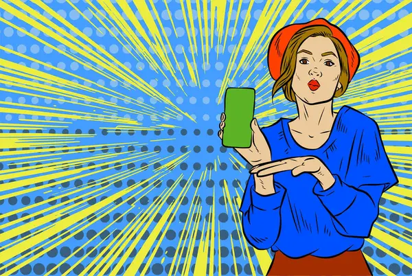 Akıllı telefon görüntüsü gösteren bir kadın tasviri. Eski çizgi roman tarzında akıllı telefon aletleri taşıyan bir kadın pozu. Kadın pazarlamacının posterini as.