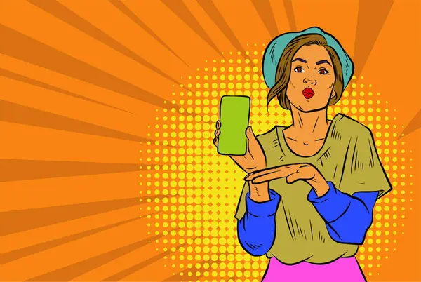 Akıllı telefon görüntüsü gösteren bir kadın tasviri. Eski çizgi roman tarzında akıllı telefon aletleri taşıyan bir kadın pozu. Kadın pazarlamacının posterini as.