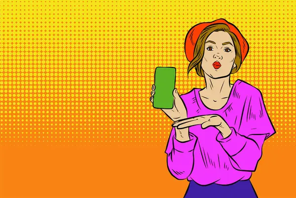 Akıllı telefon görüntüsü gösteren bir kadın tasviri. Eski çizgi roman tarzında akıllı telefon aletleri taşıyan bir kadın pozu. Kadın pazarlamacının posterini as.
