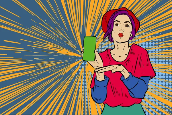 Akıllı telefon görüntüsü gösteren bir kadın tasviri. Eski çizgi roman tarzında akıllı telefon aletleri taşıyan bir kadın pozu. Kadın pazarlamacının posterini as.
