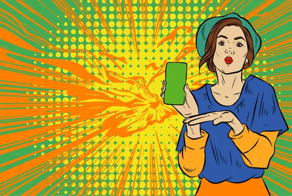Akıllı telefon görüntüsü gösteren bir kadın tasviri. Eski çizgi roman tarzında akıllı telefon aletleri taşıyan bir kadın pozu. Kadın pazarlamacının posterini as.