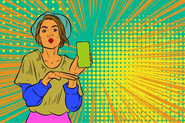 Akıllı telefon görüntüsü gösteren bir kadın tasviri. Eski çizgi roman tarzında akıllı telefon aletleri taşıyan bir kadın pozu. Kadın pazarlamacının posterini as.
