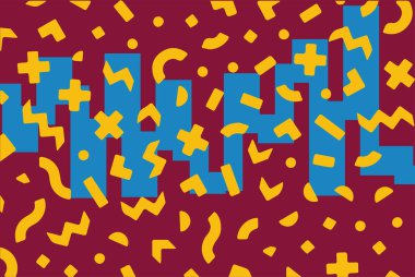 Geometrik desenli arka plana yayılmış rastgele şekilli konfeti süslemeleri. Parlak renklerle geçmişe dönük titreşimler.