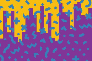 Geometrik desenli arka plana yayılmış rastgele şekilli konfeti süslemeleri. Parlak renklerle geçmişe dönük titreşimler.