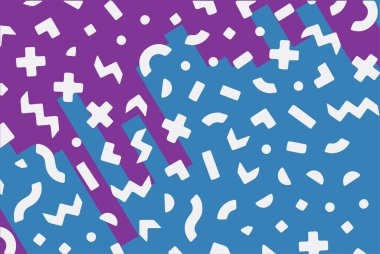 Geometrik desenli arka plana yayılmış rastgele şekilli konfeti süslemeleri. Parlak renklerle geçmişe dönük titreşimler.