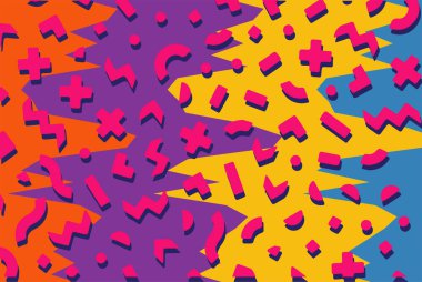 Geometrik desenli arka plana yayılmış rastgele şekilli konfeti süslemeleri. Parlak renklerle geçmişe dönük titreşimler.