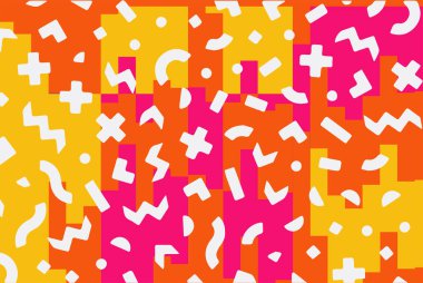 Geometrik desenli arka plana yayılmış rastgele şekilli konfeti süslemeleri. Parlak renklerle geçmişe dönük titreşimler.