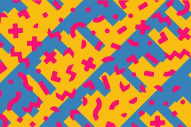 Geometrik desenli arka plana yayılmış rastgele şekilli konfeti süslemeleri. Parlak renklerle geçmişe dönük titreşimler.