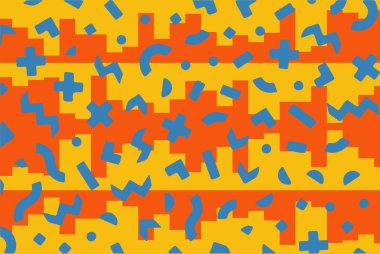 Geometrik desenli arka plana yayılmış rastgele şekilli konfeti süslemeleri. Parlak renklerle geçmişe dönük titreşimler.