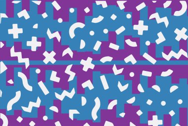 Geometrik desenli arka plana yayılmış rastgele şekilli konfeti süslemeleri. Parlak renklerle geçmişe dönük titreşimler.