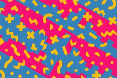 Geometrik desenli arka plana yayılmış rastgele şekilli konfeti süslemeleri. Parlak renklerle geçmişe dönük titreşimler.