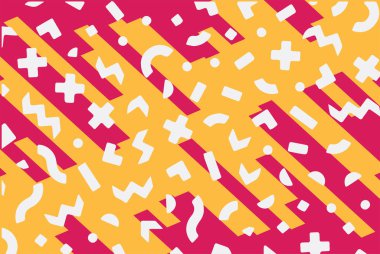 Geometrik desenli arka plana yayılmış rastgele şekilli konfeti süslemeleri. Parlak renklerle geçmişe dönük titreşimler.