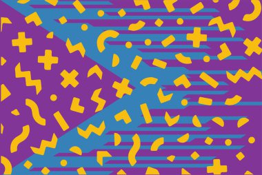 Geometrik desenli arka plana yayılmış rastgele şekilli konfeti süslemeleri. Parlak renklerle geçmişe dönük titreşimler.