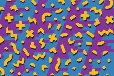 Geometrik desenli arka plana yayılmış rastgele şekilli konfeti süslemeleri. Parlak renklerle geçmişe dönük titreşimler.