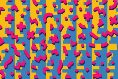 Geometrik desenli arka plana yayılmış rastgele şekilli konfeti süslemeleri. Parlak renklerle geçmişe dönük titreşimler.