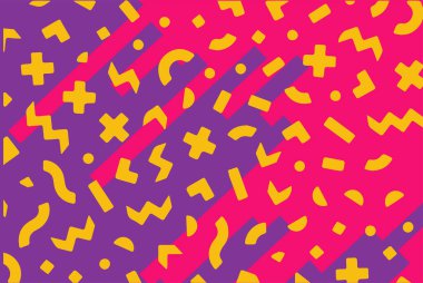 Geometrik desenli arka plana yayılmış rastgele şekilli konfeti süslemeleri. Parlak renklerle geçmişe dönük titreşimler.