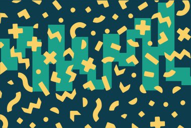 Geometrik desenli arka plana yayılmış rastgele şekilli konfeti süslemeleri. Parlak renklerle geçmişe dönük titreşimler.