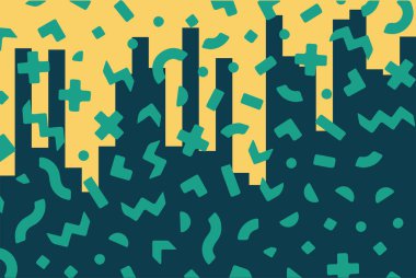 Geometrik desenli arka plana yayılmış rastgele şekilli konfeti süslemeleri. Parlak renklerle geçmişe dönük titreşimler.