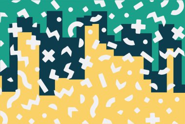 Geometrik desenli arka plana yayılmış rastgele şekilli konfeti süslemeleri. Parlak renklerle geçmişe dönük titreşimler.