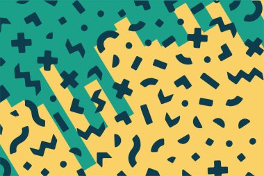 Geometrik desenli arka plana yayılmış rastgele şekilli konfeti süslemeleri. Parlak renklerle geçmişe dönük titreşimler.