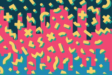 Geometrik desenli arka plana yayılmış rastgele şekilli konfeti süslemeleri. Parlak renklerle geçmişe dönük titreşimler.