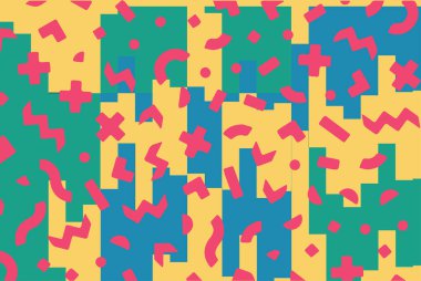 Geometrik desenli arka plana yayılmış rastgele şekilli konfeti süslemeleri. Parlak renklerle geçmişe dönük titreşimler.