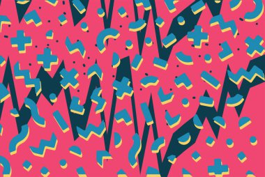 Geometrik desenli arka plana yayılmış rastgele şekilli konfeti süslemeleri. Parlak renklerle geçmişe dönük titreşimler.