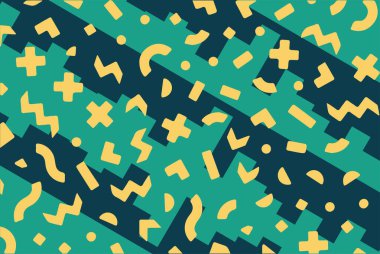 Geometrik desenli arka plana yayılmış rastgele şekilli konfeti süslemeleri. Parlak renklerle geçmişe dönük titreşimler.