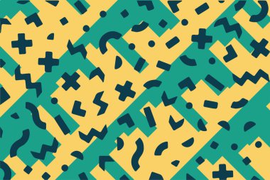 Geometrik desenli arka plana yayılmış rastgele şekilli konfeti süslemeleri. Parlak renklerle geçmişe dönük titreşimler.