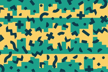 Geometrik desenli arka plana yayılmış rastgele şekilli konfeti süslemeleri. Parlak renklerle geçmişe dönük titreşimler.