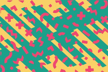 Geometrik desenli arka plana yayılmış rastgele şekilli konfeti süslemeleri. Parlak renklerle geçmişe dönük titreşimler.