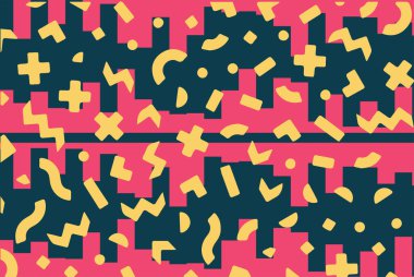 Geometrik desenli arka plana yayılmış rastgele şekilli konfeti süslemeleri. Parlak renklerle geçmişe dönük titreşimler.