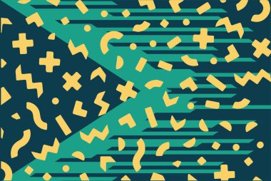 Geometrik desenli arka plana yayılmış rastgele şekilli konfeti süslemeleri. Parlak renklerle geçmişe dönük titreşimler.