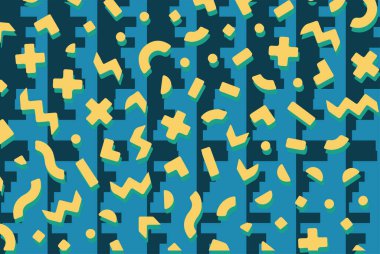 Geometrik desenli arka plana yayılmış rastgele şekilli konfeti süslemeleri. Parlak renklerle geçmişe dönük titreşimler.