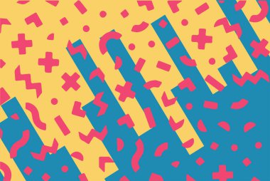 Geometrik desenli arka plana yayılmış rastgele şekilli konfeti süslemeleri. Parlak renklerle geçmişe dönük titreşimler.