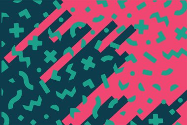 Geometrik desenli arka plana yayılmış rastgele şekilli konfeti süslemeleri. Parlak renklerle geçmişe dönük titreşimler.