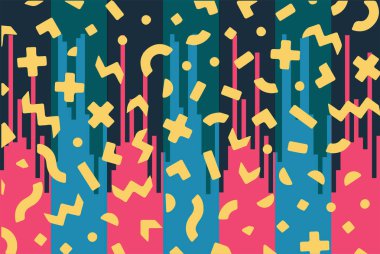 Geometrik desenli arka plana yayılmış rastgele şekilli konfeti süslemeleri. Parlak renklerle geçmişe dönük titreşimler.