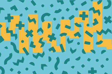 Geometrik desenli arka plana yayılmış rastgele şekilli konfeti süslemeleri. Parlak renklerle geçmişe dönük titreşimler.